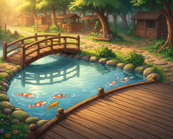 The opening panel of the Atomic Critters graphic novel: a koi pond with a wooden footbridge and boardwalk on the sanctuary grounds in early light