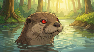 Murder Otter, a red-eyed river otter, surfacing in a sunlit woodland creek