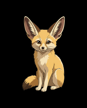 Cheeseball, the fennec fox from Atomic Critters, sitting upright with her oversized ears raised, drawn against a black background
