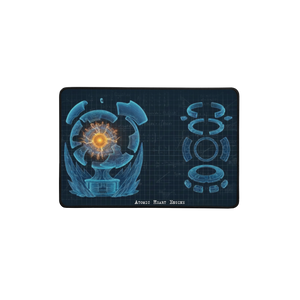 The Atomic Heart Engine Tech Schematic desk mat, a dark blueprint print with a blue exploded engine, a glowing orange core and equations across a grid