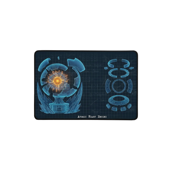 The Atomic Heart Engine Tech Schematic desk mat, a dark blueprint print with a blue exploded engine, a glowing orange core and equations across a grid
