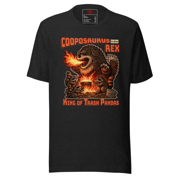 The Cooposaurus Rex New King t-shirt in black heather, from the Atomic Critters Coop collection