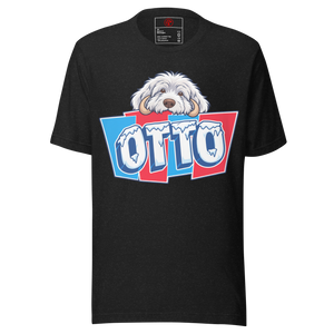 The Otto Frozen design on a black heather t-shirt, showing a shaggy pale mammoth hybrid with small curved tusks above iced OTTO lettering