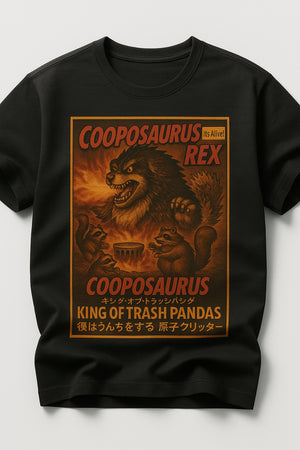 Black t-shirt with Cooposaurus Rex graphic and text on a white background