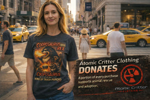 Woman wearing a t-shirt with a graphic design on a city street, with Atomic Critter Clothing sign in the foreground.