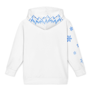 White kids' hoodie, back: icy blue mountain peaks along the hood and blue snowflakes down one sleeve