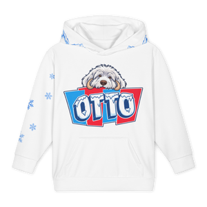 White kids' hoodie, front: Otto, a shaggy white dog with tusks, peeking over an icy blue and red OTTO sign