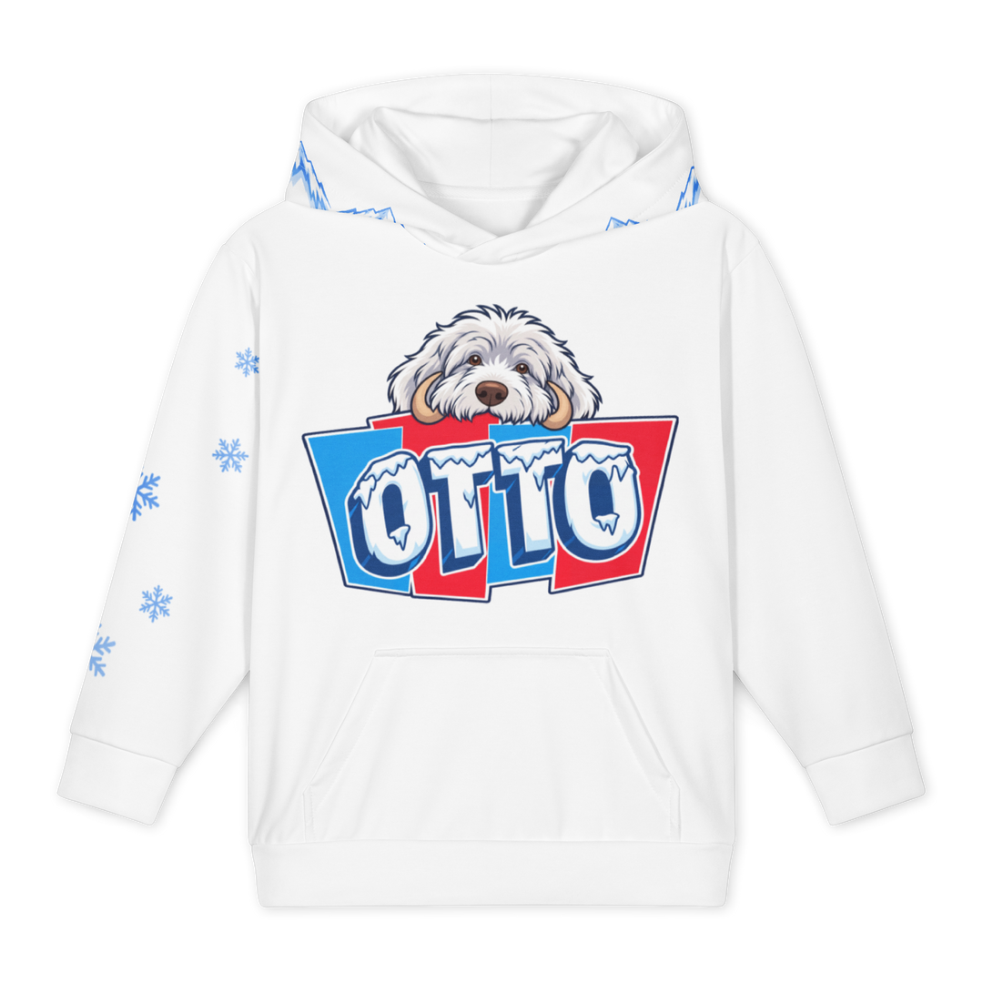 White kids' hoodie, front: Otto, a shaggy white dog with tusks, peeking over an icy blue and red OTTO sign