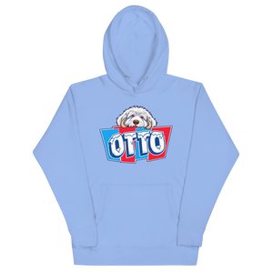 Carolina Blue pullover hoodie with Otto's frost-white face over an icy blue and red OTTO sign