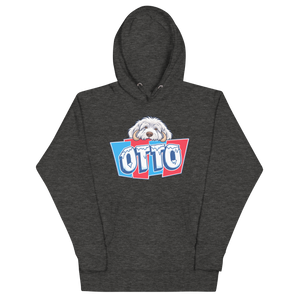 Charcoal Heather pullover hoodie with Otto's frost-white face over an icy blue and red OTTO sign