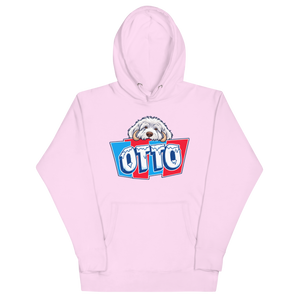 Lavender pullover hoodie with Otto's frost-white face over an icy blue and red OTTO sign
