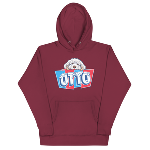 Maroon pullover hoodie with Otto's frost-white face over an icy blue and red OTTO sign