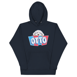 Navy Blazer pullover hoodie with Otto's frost-white face over an icy blue and red OTTO sign