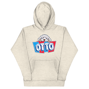 Oatmeal Heather pullover hoodie with Otto's frost-white face over an icy blue and red OTTO sign