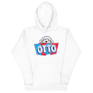 White pullover hoodie with Otto's frost-white face over an icy blue and red OTTO sign