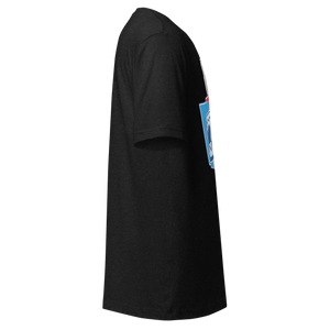 Black Heather unisex t-shirt, right side view, edge of the front print