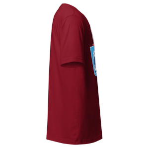 Cardinal unisex t-shirt, right side view, edge of the front print