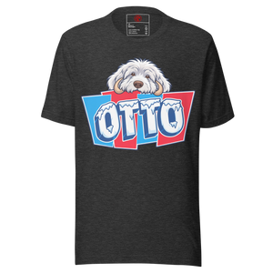 Dark Grey Heather unisex t-shirt with Otto's frost-white face over an icy blue and red OTTO sign