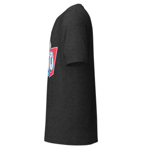 Dark Grey Heather unisex t-shirt, left side view, edge of the front print