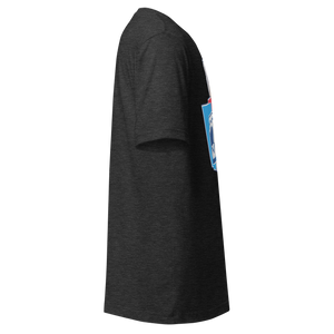 Dark Grey Heather unisex t-shirt, right side view, edge of the front print
