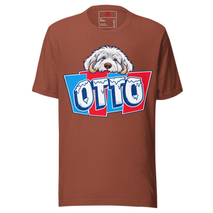 Heather Clay unisex t-shirt with Otto's frost-white face over an icy blue and red OTTO sign