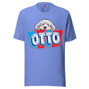 Heather Columbia Blue unisex t-shirt with Otto's frost-white face over an icy blue and red OTTO sign