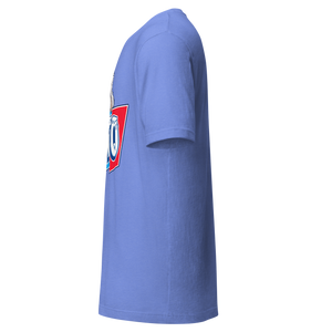 Heather Columbia Blue unisex t-shirt, left side view, edge of the front print
