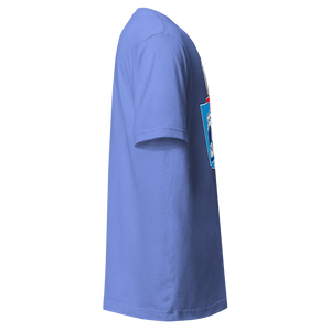 Heather Columbia Blue unisex t-shirt, right side view, edge of the front print