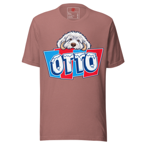 Heather Mauve unisex t-shirt with Otto's frost-white face over an icy blue and red OTTO sign