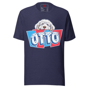 Heather Midnight Navy unisex t-shirt with Otto's frost-white face over an icy blue and red OTTO sign
