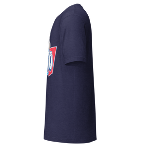 Heather Midnight Navy unisex t-shirt, left side view, edge of the front print