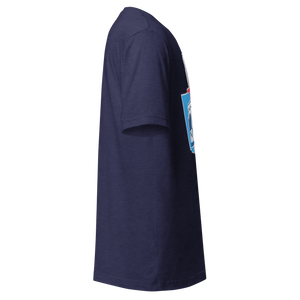 Heather Midnight Navy unisex t-shirt, right side view, edge of the front print