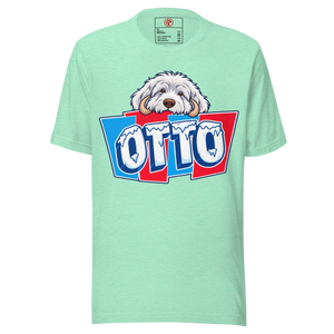Heather Mint unisex t-shirt with Otto's frost-white face over an icy blue and red OTTO sign