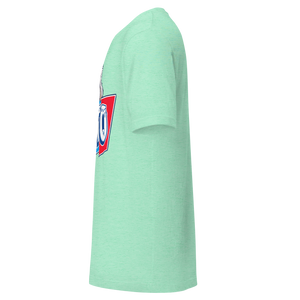 Heather Mint unisex t-shirt, left side view, edge of the front print