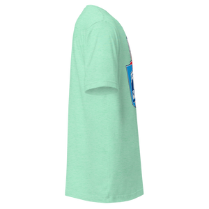 Heather Mint unisex t-shirt, right side view, edge of the front print