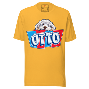 Heather Yellow Gold unisex t-shirt with Otto's frost-white face over an icy blue and red OTTO sign
