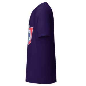 Team Purple unisex t-shirt, left side view, edge of the front print
