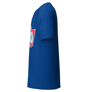True Royal unisex t-shirt, left side view, edge of the front print