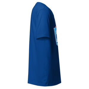 True Royal unisex t-shirt, right side view, edge of the front print