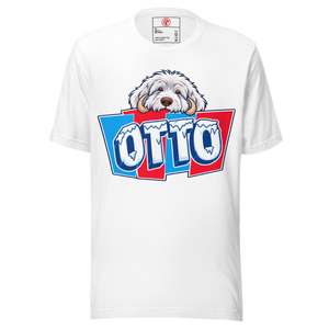 White unisex t-shirt with Otto's frost-white face over an icy blue and red OTTO sign