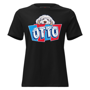 Black women's relaxed t-shirt with Otto's frost-white face over an icy blue and red OTTO sign