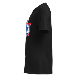 Black women's relaxed t-shirt, left side view, edge of the front print
