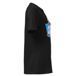 Black women's relaxed t-shirt, right side view, edge of the front print
