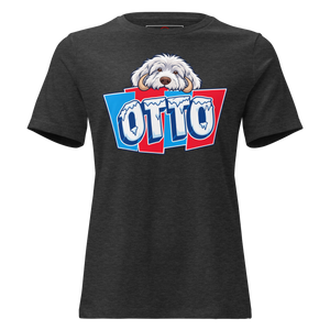 Dark Grey Heather women's relaxed t-shirt with Otto's frost-white face over an icy blue and red OTTO sign