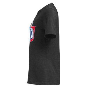 Dark Grey Heather women's relaxed t-shirt, left side view, edge of the front print