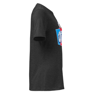 Dark Grey Heather women's relaxed t-shirt, right side view, edge of the front print