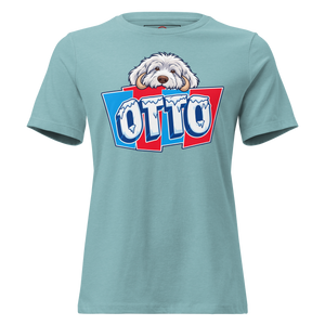 Heather Blue Lagoon women's relaxed t-shirt with Otto's frost-white face over an icy blue and red OTTO sign