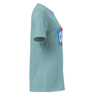 Heather Blue Lagoon women's relaxed t-shirt, right side view, edge of the front print