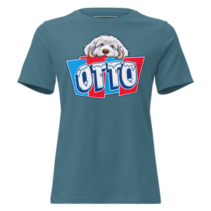 Heather Deep Teal women's relaxed t-shirt with Otto's frost-white face over an icy blue and red OTTO sign