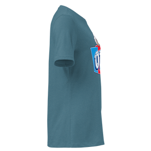 Heather Deep Teal women's relaxed t-shirt, right side view, edge of the front print